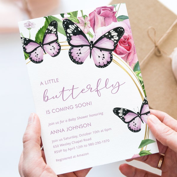 Pink Butterfly Baby Shower Invitation Template, Lavender Butterfly Invite, Gold with Pink Roses, A Little Butterfly Invite, Digital Download