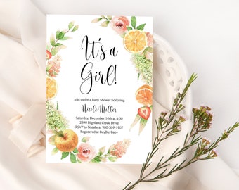 Citrus Fruit Baby Shower Invitation Template EDITABLE Digital Online Template Corjl Fruit Floral Apple Invite, Orange Baby Shower, Citrus