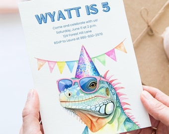 May include: A birthday invitation with the text "WYATT IS 5" in blue. The invitation features a watercolor illustration of a colorful iguana wearing sunglasses and a party hat. The invitation includes event details.