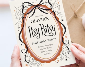 Itsy Bitsy Birthday Canva Invite Template, Coquette Halloween Party Invitation, Vintage Spooky Bow Spider Web Girl Birthday Template 5x7