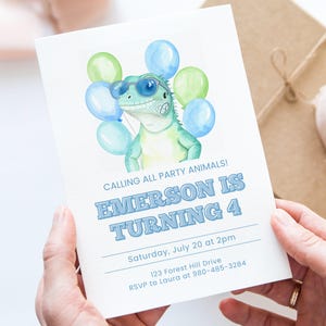 トカゲの誕生日招待状Canvaテンプレート、面白い爬虫類パーティー招待状、子供の誕生日パーティー、クールなイグアナのサングラス、編集と印刷
