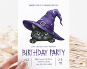 Black Cat Birthday Party Invitation Canva Template, Spooky Witch Hat Invite, Halloween Birthday, Kids Party, Editable Invite