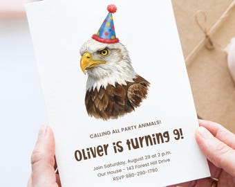 May include: A birthday invitation featuring a watercolor illustration of a bald eagle wearing a party hat. The text reads "CALLING ALL PARTY ANIMALS! Oliver is turning 9!" with event details. The invitation is held by a person.