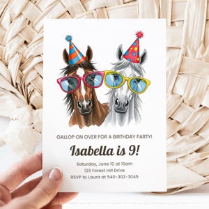 Horse Birthday Party, Canva Invite Template, Funny Horses with Glasses, Watercolor Horses, Equestrian Theme, Edit Yourself