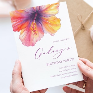 Tropische Hibiskus-Geburtstags-Party Einladung | Bearbeitbare Vorlage | Aquarell Blumen einladen | Sommer-Geburtstag | Druckbare Einladung