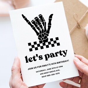 Convite de aniversário de esqueleto skatista, convite editável para festa adolescente Shaka, punk rock para impressão