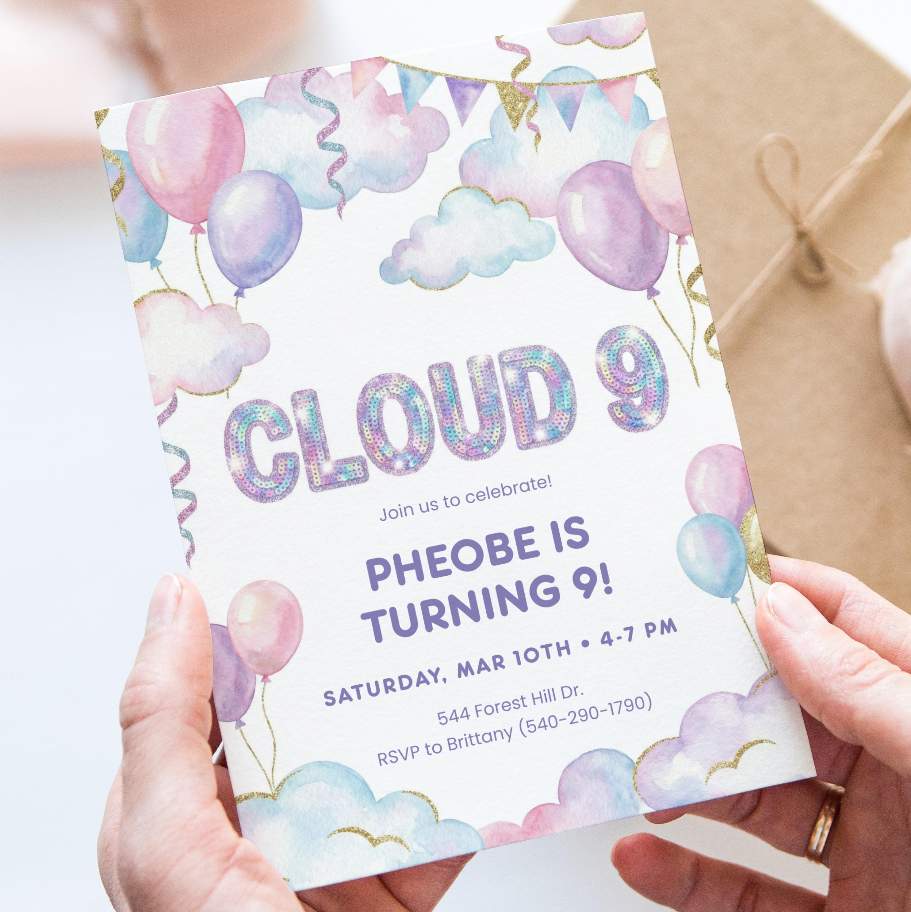 Cloud 9 Birthday Invitation Canva Template, Editable Pastel Balloons ...