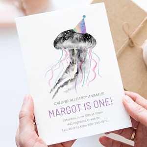 Jellyfish Birthday Invitation, Editable Corjl Under the Sea Party Invite, Sparkle Party Hat Jellyfish, Ocean First Birthday Template