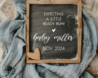 Expecting a Little Beach Bum Surfing Pregnancy Announcement Digital Editable Template Beach Baby Announcement It&#39;s a Boy Social Media