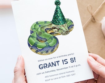 May include: A white birthday party invitation featuring a watercolor illustration of a green and blue snake wearing a green party hat. The text reads "GRANT IS 8!" with party details.