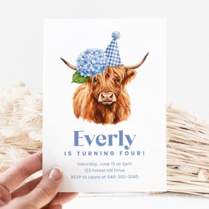 Highland Cow Birthday Canva Invite Template, Farm Animal Party, Watercolor Cow, Customizable, Printable Digital Invitation