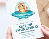 Out Of This World Birthday Canva Invite Template, Cat In Ufo Theme, Kids Birthday Party, Printable Invitation, Editable Template