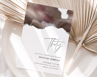 Birthday Invitation Template, Any Age! Editable CORJL Invite Template, Taupe Brown Silver Agate, Boho Modern Minimal, Thirty Invite, AG001