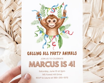 May include: A party invitation featuring a watercolor illustration of a brown monkey holding colorful streamers and garlands. The text "CALLING ALL PARTY ANIMALS" and "MARCUS IS 4!" are displayed. Additional details include the date, time, address, and RSVP information.