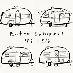 Ensemble de cliparts rétro lunatique pour camping-car | 4 gribouillis originaux artistiques au trait | Illustrations de voyage vintage pour la décoration et les invitations