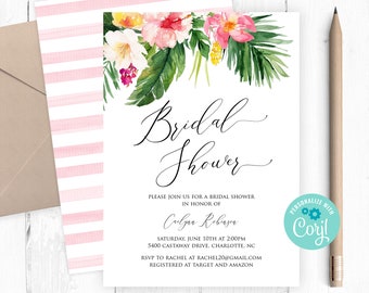 Editable Tropical Bridal Shower Invitation Template, Hawaiian Luau Tropical Floral, Wedding Shower Invite DIY TROP1