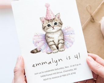 Kitten Birthday Canva Invite Template, Girl Birthday Party Invitation, Cute Cat Party, Editable Template, Printable Invite