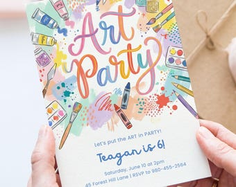 Verjaardagsuitnodiging voor kunstfeestje, bewerkbare canvassjabloon, kinderen schilderij ambachtelijke uitnodigen, digitale download, creatief kunstenaarsfeest, afdrukbaar