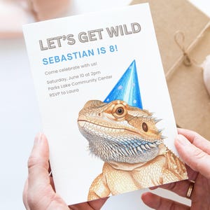 Bearded Dragon Geburtstag Canva einladen Vorlage, Reptil Party Einladung, Kinder anpassbare digitale Karte, Let's Get Wild Party