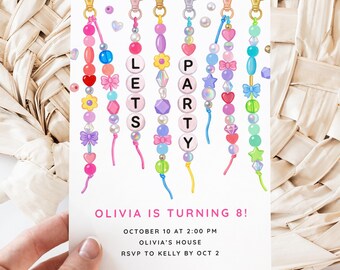 Beaded Charm Birthday Canva Invite Template, Girls Pastel Keychain Party Invitation, Cute Printable Bead Lets Party Editable Download