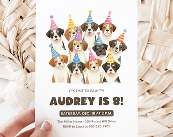 Peut inclure: Une invitation de fête avec des illustrations de chiens portant des chapeaux de fête. Le texte dit "IT'S TIME TO PAW-TY! AUDREY IS 8!" avec les détails de l'événement : samedi 18 décembre à 14h et les informations RSVP.