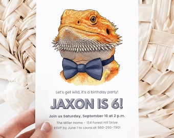 Bearded Dragon-Geburtstagsfeier Canva laden Vorlage ein, Reptil-Geburtstags-Einladung, Eidechse-Geburtstagsfeier, Kindergeburtstagsfeier, bearbeitet werden