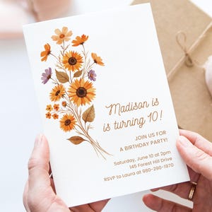 Modèle d'invitation de toile d'anniversaire fleurs sauvages, faire-part de fête floral modifiable, carte d'invitation imprimable tournesol rustique, téléchargement numérique