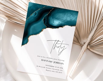 Birthday Invitation Template, Any Age! Editable CORJL Invite Template, Teal and Gold Agate, Boho Modern Minimal, Thirty Invite, AG004