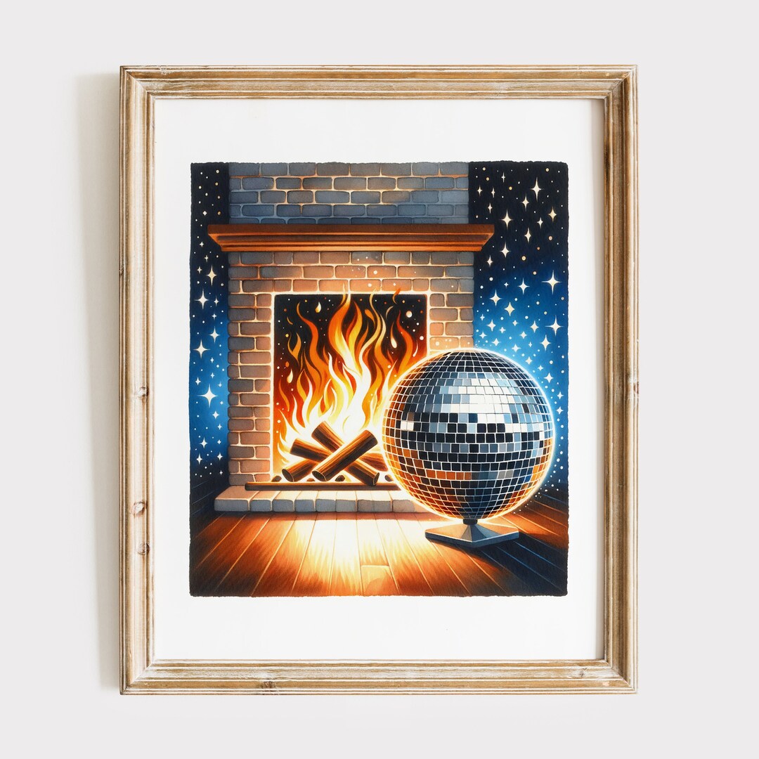 Disco Ball Fireplace Christmas Printable Art Print Mirror Etsy