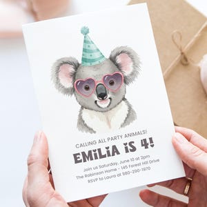 Koala Birthday Party Invitation, Canva Template, Cute Animal Invite, Kids Birthday Party, Editable Template, Koala Party Animals Theme