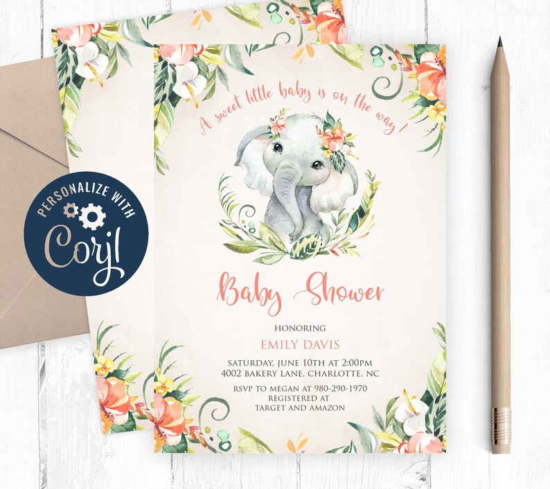 Baby Shower Invitation Elephant Yellow And Grey Printable
