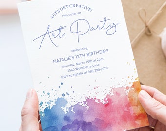 Art Party Birthday Invitation Template Printable Digital Download Watercolor Birthday Invite Painting Party Teen Birthday Kids Birthday