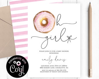 Editable Donut Baby Shower Invitation Template, Pink and Gold, Donut Baby Brunch Invite, Oh Girl, Blush Pink Invite, Corjl Template, DIY