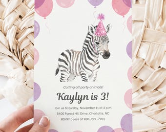 Zebra Birthday Canva Invite Template, Party Animal Invite, Editable Invitation, DIY Printable, Pink Balloons, Cute Zebra, Girl Birthday