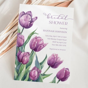 Lila Tulpen Brautdusche Einladung Vorlage, Printable Bearbeitbare Digitaler Download Frühling Blumentulpe Frühling Markt Garten Party Hochzeit