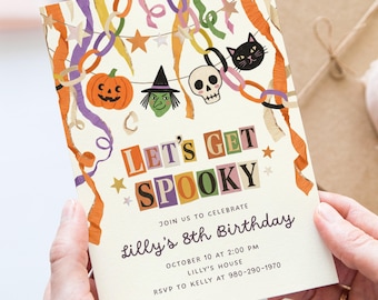 Lets Get Spooky Canva Invite Template, Retro Halloween Kids Birthday Party Streamers Invitation Editable Download