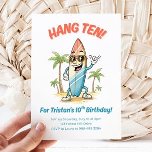 Hang Ten Birthday, Canva Invite Template, Surfing Party, Summer Birthday, Cute Surfboard, Boy Birthday, Editable Invitation