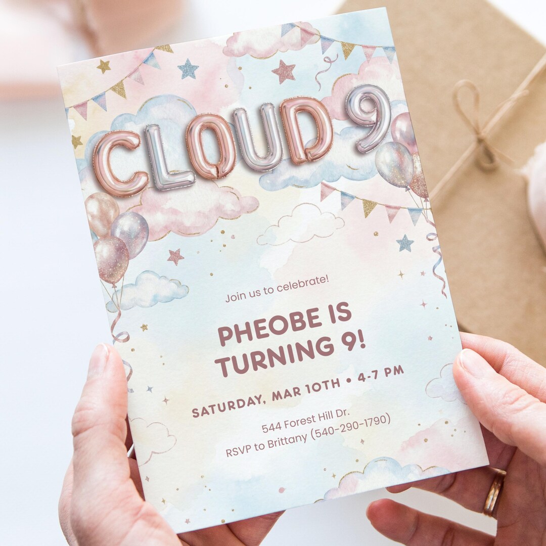 Cloud 9 Birthday Invitation Template, Editable 9th Birthday Invite ...