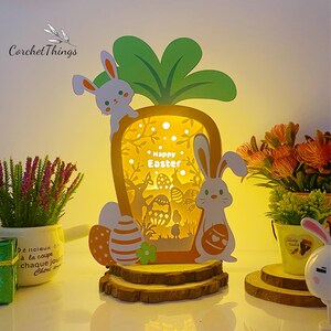 Lapin tenant un oeuf carotte boîte, fichiers de modèle de boîte à lumière en papier découpé, 3D Papercut boîte à lumière SVG fichier bricolage, boîte à ombre en papier découpé