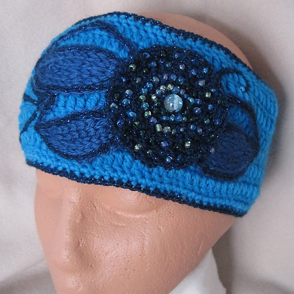 Alaska art, "Forget-me-not" series, crochet ear warmer, head wrap, head band, headband, glass beads, embroidery, metallic accents, alaskan