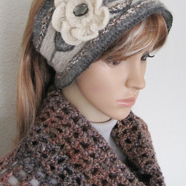 Gray crochet headband,Alaskan Wild Flower cream neutral ear warmer,head band,mom sister wife art gift,head wrap, headwrap,beads,embroidery
