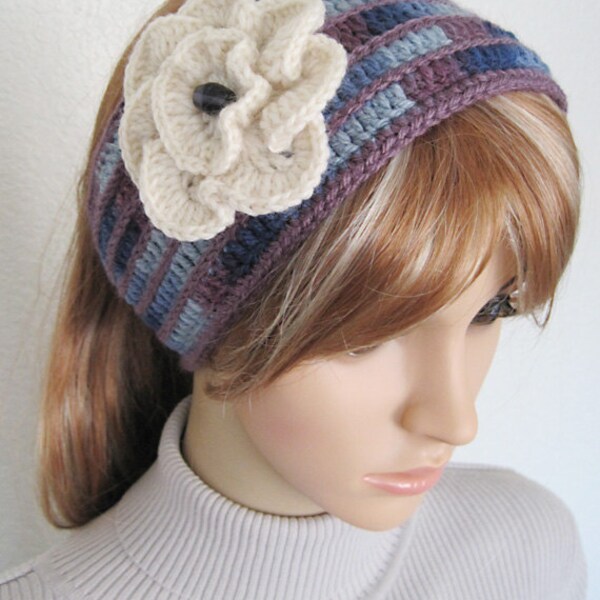 Crochet flower headband,purple blue head wrap,Alaska Alaskan art sister mom wife gift,ear warmer muff,head band,head wrap,beads headwrap,art