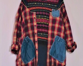 Upcycled Tunic Jacket, Boho Kimono Style, Funky Plaid Oversized Sweater Top, One Size, Medium/Large/Plus, Ollie's Shimono, Ollie's Flannel