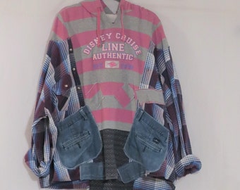 Upcycled Comfy Funky Tunic Jacket, Whimsical Hoodie, Ollie's Shimono Shirt + Kimono, One-Size Oversize, Medium Large/Plus