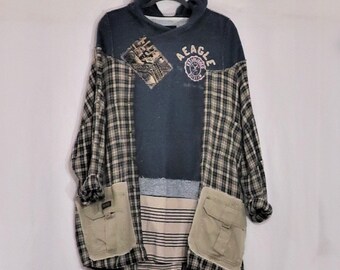 Patched Upcycled Comfy Funky Tunic Jacket, Ollie's Shimono Shirt + Kimono, One-Size Oversize Hoodie Top, Large/Plus