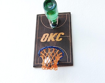 Otwieracz do butelek z motywem koszykówki OKC Thunder, ręcznie robiona dekoracja boiska ze sklejki, otwieracz ze stali