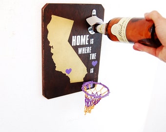Personalized bottle opener, California Wood Sign, Los Angeles Lakers, Home state sign, Home is where the heart is, Bottle opener wall mount