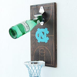 North Carolina Basketball Beer Opener: Handmade Wood Cap Catcher image 5