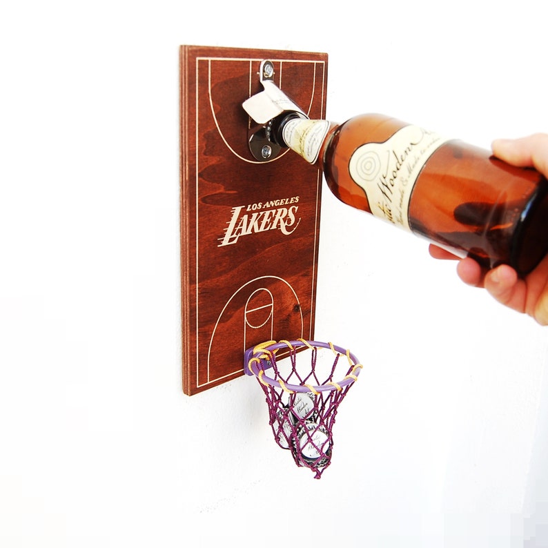 Lakers man cave beer opener Los Angeles Lakers cap catcher,fathers day gift,basketball,basketball gift Wall mounted bottle opener