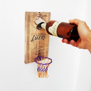 Lakers man cave beer opener Los Angeles Lakers cap catcher,fathers day gift,basketball,basketball gift Wall mounted bottle opener